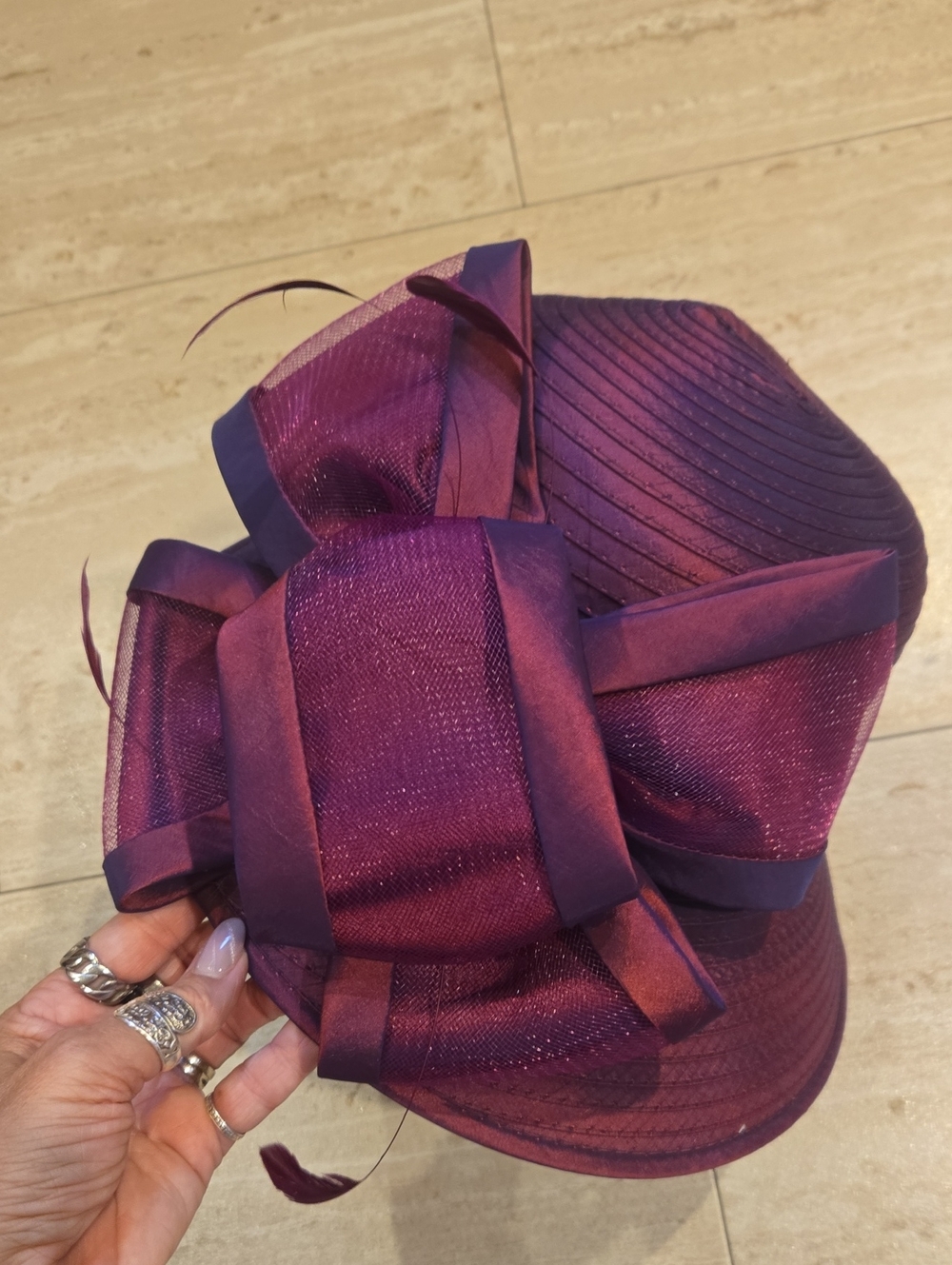 Giovannio New York Purple Iridescent Ribbon/Feather Accent Hat